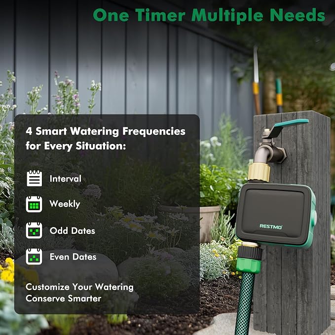RESTMO Brass Inlet & Outlet Smart Sprinkler Hose Timer with Flow Meter, Water Timer for Garden Hose with APP Remote Control (RF Hub & 2.4GHz WiFi Connection), Automatic Drip Irrigation System for Lawn