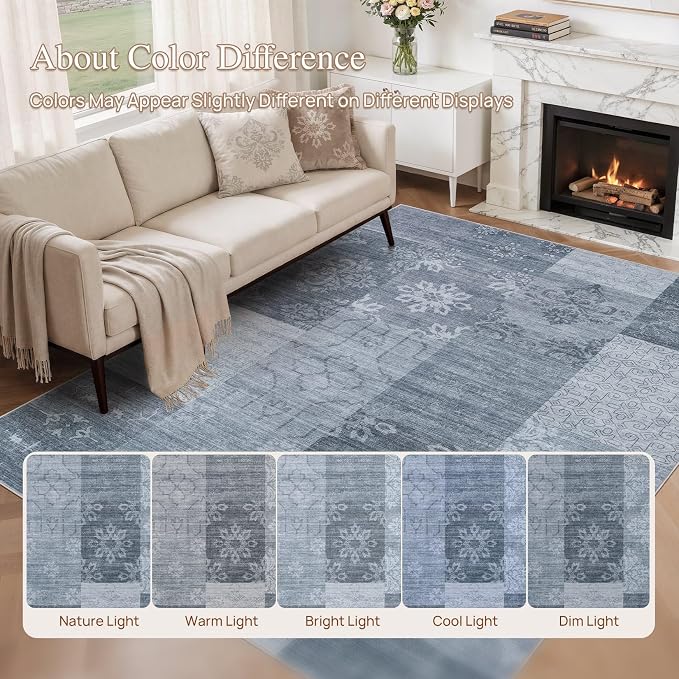UERMEI 6x9 Area Rug for Living Room - Washable Vintage Carpet, Non-Slip Soft Large Indoor Floor Rugs for Bedroom Home Office & Under Dining Table Decor, Blue Block