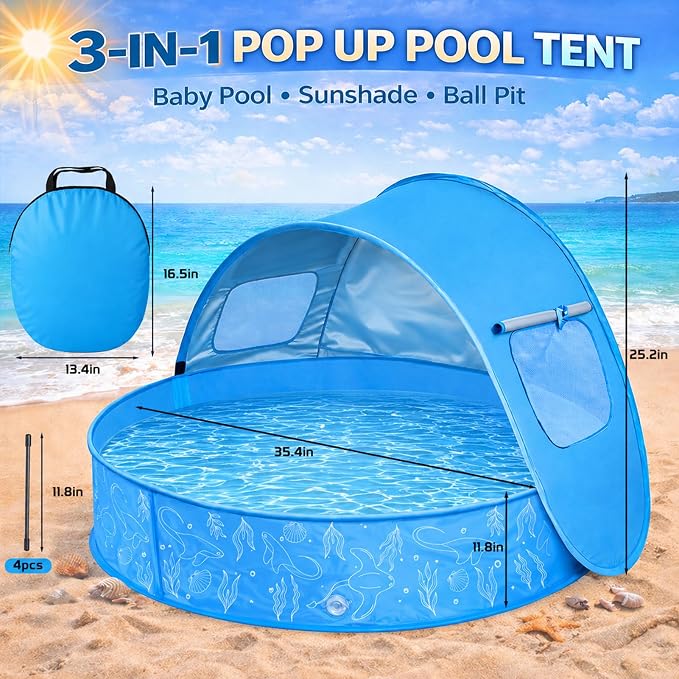 Kids Pool with Canopy, Foldable Pop Up Kiddie Pool with Shade, 35.4 Inch | Includes Carrying Bag, Portable for Backyard and Beach Water Play, Suitable for Kids