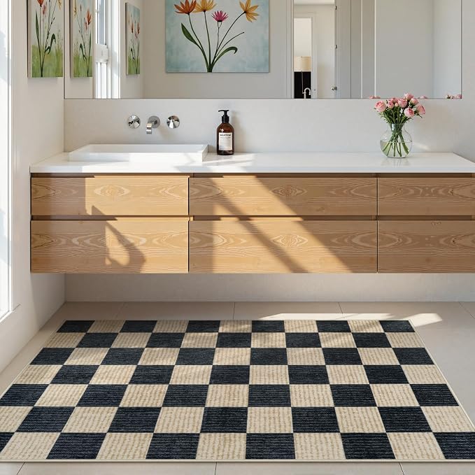 LIVEBOX 3x5 Washable Area Rug Checkered, Non-Slip Small Entryway Rug Black Farmhouse Neutral Classic Geometric Boys Rug for Bedroom Living Room Low-Pile Carpet for Indoor Kitchen Bathroom(Black 3'x5')