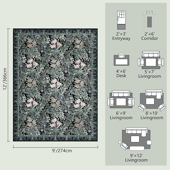 Washable Area Rugs 9x12 Black Green Vintage Floral Botanical Pattern,Perfect for Living Room, Bedroom, Kids Room, Nursery - Stain & Water Resistant Non-Slip, Pet & Child Friendly/Bedroom Decor