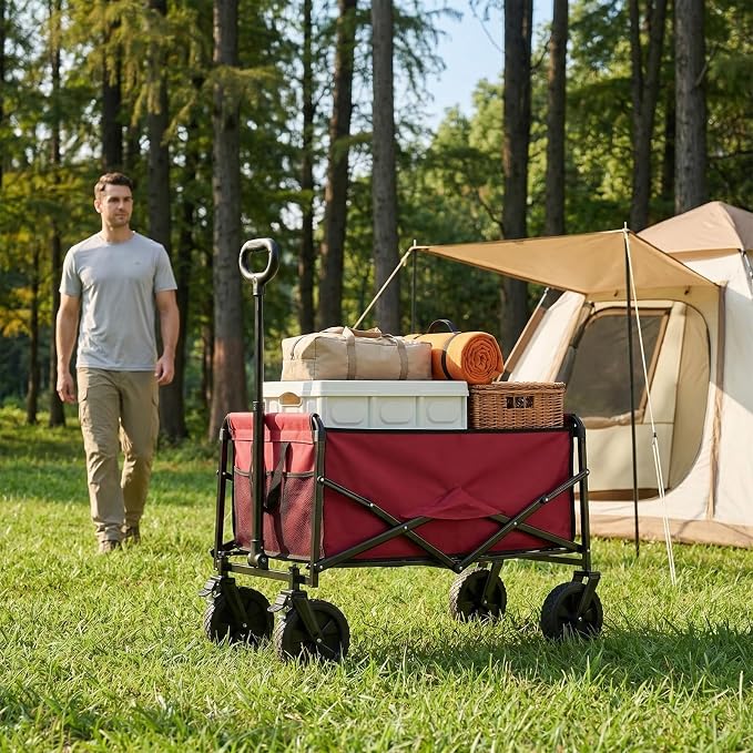 NEWBULIG Collapsible Wagon Cart, 102L Standard, Portable Heavy Duty Pull Cart with Lockable Wheels, 330 lbs Capacity, Adjustable Handle for Beach, Sports, Camping, Shopping & Garden, Red