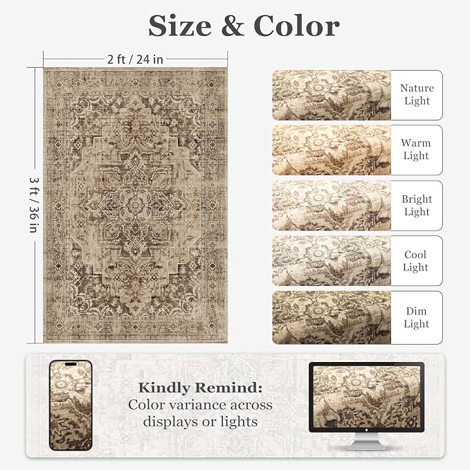 Medallion Brown 2x3 Entryway Rug, Washable Kitchen Rugs Non Slip, Ultra Thin Medallion Door Mat Indoor Entrance Back Front Door, Low Pile Retro Small Rug for Inside Entry/Foyer/Bathroom/Bedside
