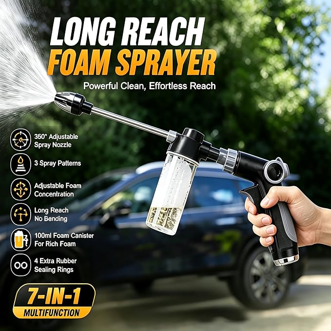 High Pressure Water Washer Jet with Foam Bottle, 360° Rotating Garden Hose Nozzle Sprayer, 3/4 in Connector, Adjustable Spray Wand with 4 Sealing Rings for Car, Yard, Patio, Pet Cleaning
