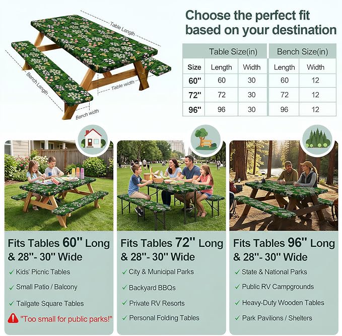 Play Tailor Picnic Table Cover with Bench Covers Camping Essentials Waterproof Windproof Camping Tablecloth with Drawstring Bag, Fitted Rectangle Tables and Seats, 72in, Green Pink
