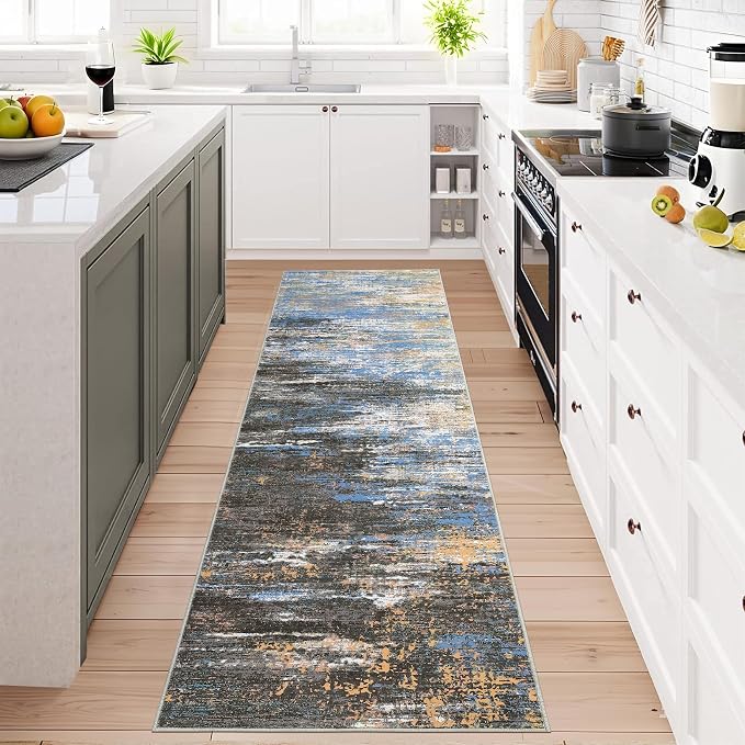 ROYHOME Washable Runner Rug 2x6 Modern Abstract Kitchen Rugs, Blue/Brown | Non Slip Bathroom Rug, Low Pile Laundry Room Soft Long Carpet for Hallway Bedroom Entryway