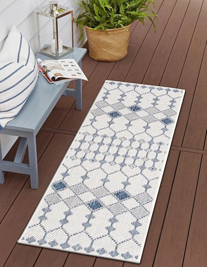 Unique Loom Outdoor Trellis Collection Area Rug - Traliccio (2' 11" x 10' Runner, Ivory/ Navy Blue)
