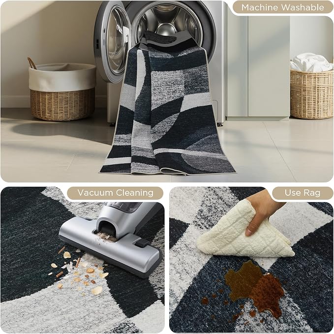Joydeco 2x6 Geometric Washable Hallway Runner Rug, Black Grey White | Modern Non-Slip Low Pile Soft Stain Resistant Dark Gray Pet Child Friendly Carpet for Bedroom Entryway Kitchen Laundry Room