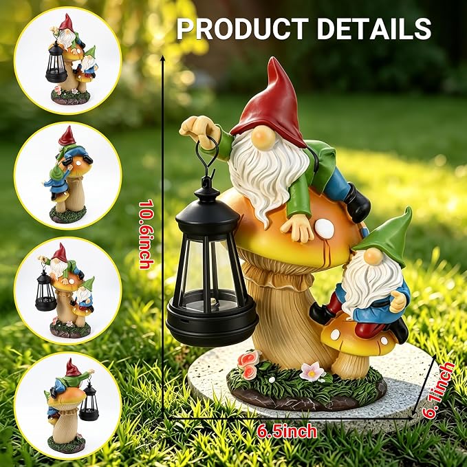 Solar Garden Gnome Statue Climbing on Mushroom with LED Lantern | Waterproof Resin Decor for Fairy Garden, Porch & Lawn, Handcrafted Funny Figurine, Unique Gift for Mom & Women