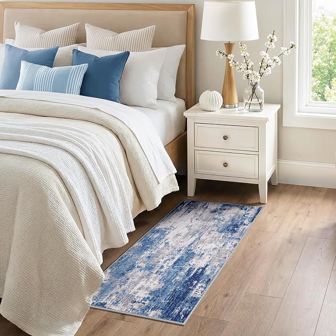 RELEANY Washable 2'x5' Abstract Area Rug for Living Room Blue Gray | Carpet for Bedroom, Kitchen, Office, Hallway and Entryway, Printed Pattern, Non‑Slip, Soft, Stain‑Resistant, Easy to Clean