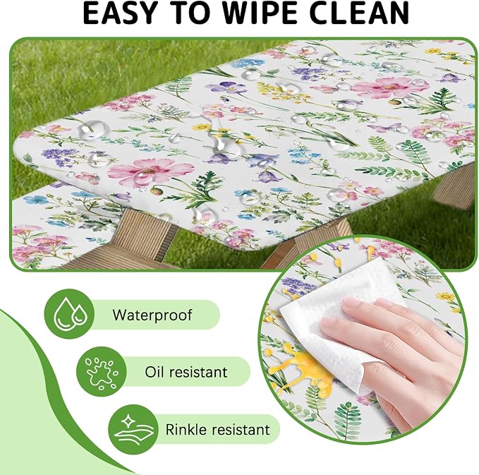 Picnic Table Cover with Bench Covers Elastic Edges, 3 Pcs Flower Fitted Table Cover with Drawstring Bag, Waterproof Windproof Aesthetic Camping Tablecloth, Outdoor Camping Essentials 72 Inch