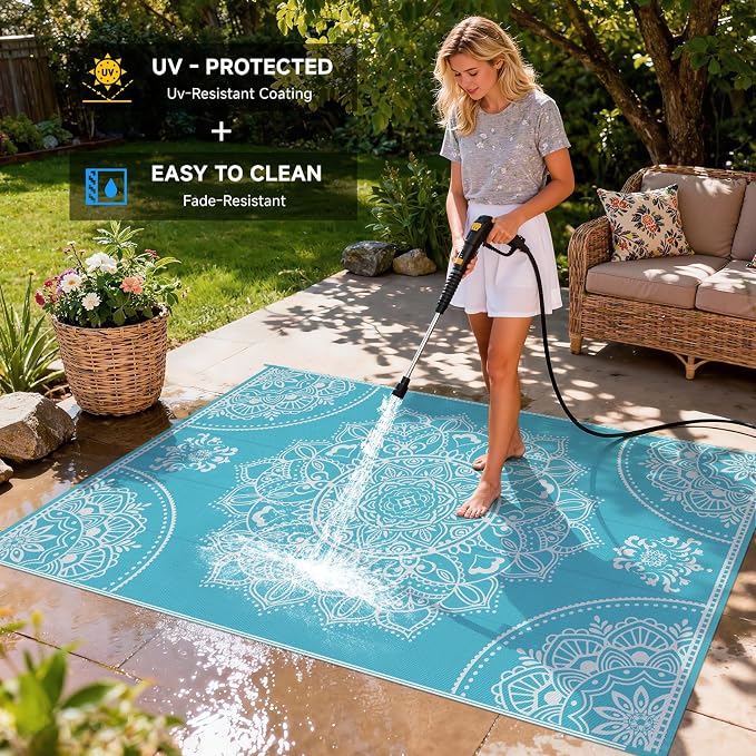 Pauwer Waterproof Outdoor Rug 6x9, Reversible Plastic Straw Patio Camping Rug, Indoor Outdoor RV Mat Carpet for Deck, Camper, Porch, Balcony, Backyard, Picnic, Floral Teal