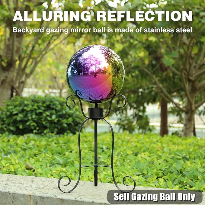 VCUTEKA Gazing Ball, 10" Stainless Steel Mirror Garden Globes Outdoor Decor | Reflective stainless steel gazing ball with rainbow mirror finish that creates striking focal point Lawn indoors or outdoors