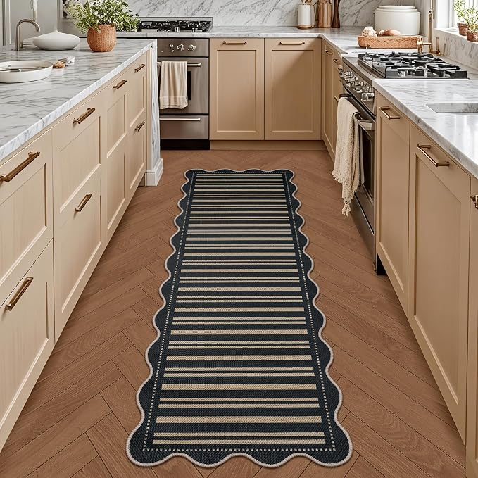 Striped Easy Jute Runner Rug, 2x6 Kitchen Rug Non Slip Washable Outdoor Runner for Entryway Indoor, Farmhouse Black Indoor Outdoor Carpet for Hallway Porch Laundry