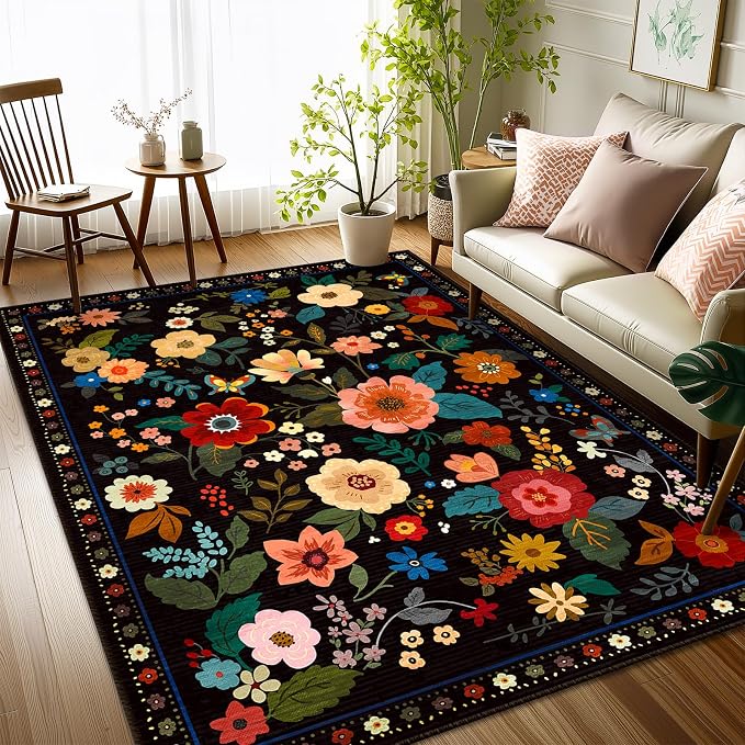 RELEANY Floral Washable 4x6 Area Rugs Black | Flower Carpet, Print, Boho, Non-Slip, Easy to Clean, Soft, Low Pile for Living Room Bedroom Kitchen Office Entryway Hallway