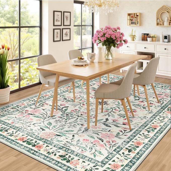 PLHXFR 6x9 Area Rug Living Room: Floral Washable Boho Carpet Green Beige | For Bedroom Dining Room Farmhouse Nursery Hallway,Vintage Floral,Machine washable,Non Slip,Stain Resistant,Large Indoor