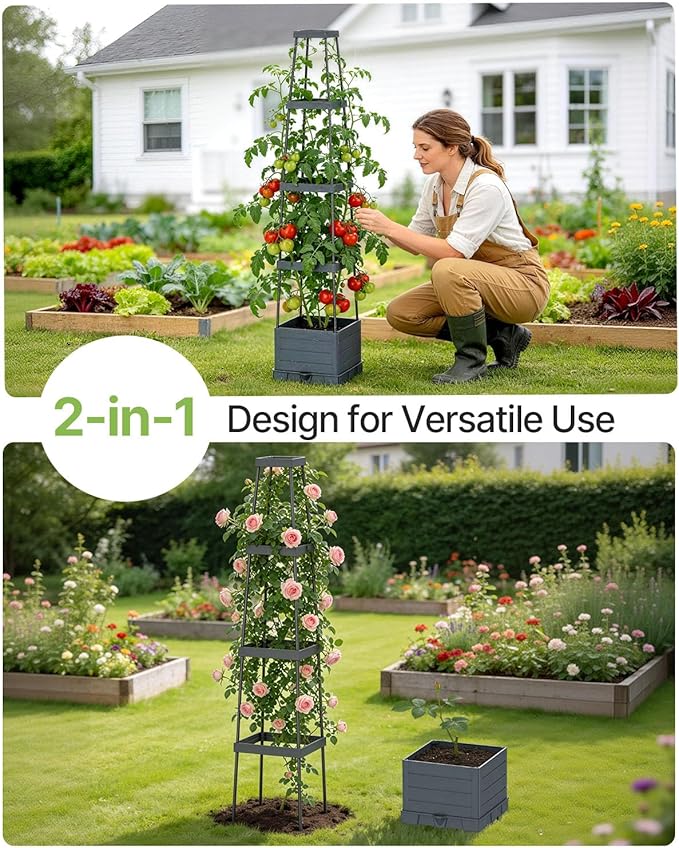 Suteck Raised Garden Bed Planter Box with Trellis, 4-Pack Self-Watering Tomato Planter with Adjustable Height Steel Support Frame for Climbing Plants, Tomato Cages for Patio, Balcony & Outdoor