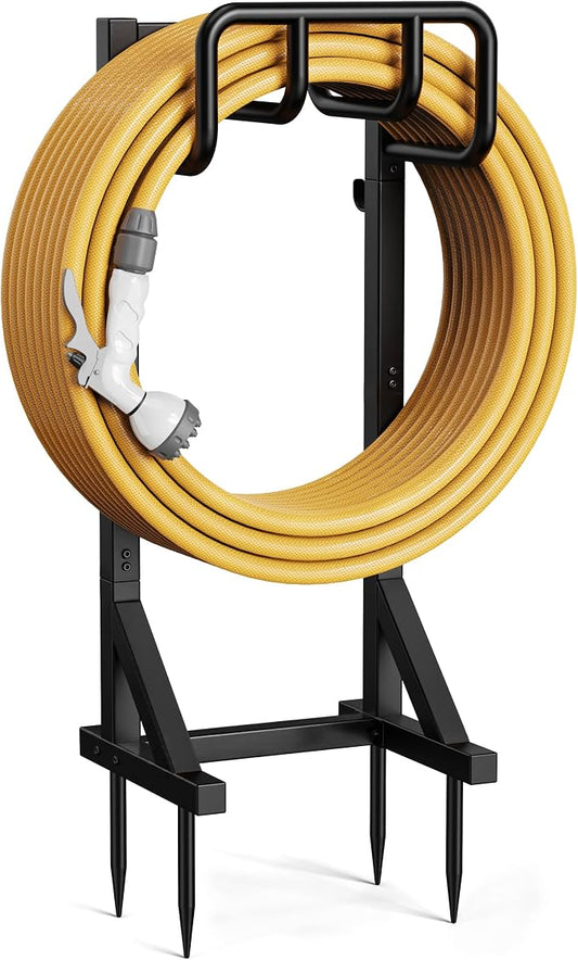 Garden Hose Holder Stand, Freestanding Heavy Duty Metal Hose Holder with Stable Base and Tool Hooks, Rustproof Water Hose Storage Rack for Outside Yard Lawn