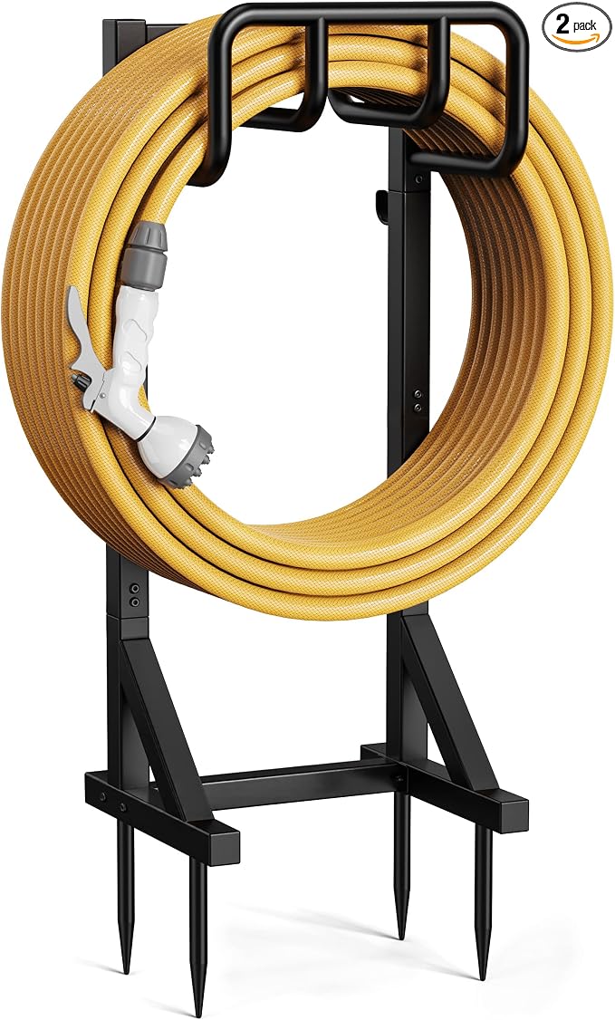 Garden Hose Holder Stand, Freestanding Heavy Duty Metal Hose Holder with Stable Base and Tool Hooks, Rustproof Water Hose Storage Rack for Outside Yard Lawn（2 Pack)