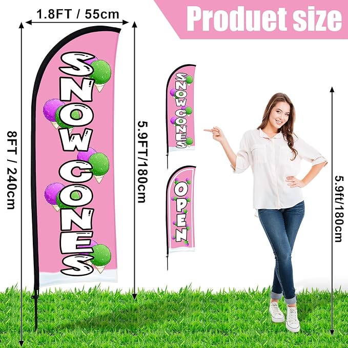 Buryeah 2 Sets Snow Cones Open Feather Flag for Business Advertising 8 ft Feather Flag Sign with Flagpole Ground Stake Portable Bag Snow Cones Banner with Rope for Outside Garden Park Party (Pink)