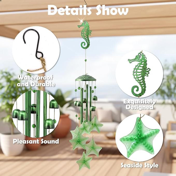 Glass Sea Horse Windchimes Unique Metal Wind Chimes for Outside Pendant | Seaside Memorial Windchimes Outdoors, Seahorse Outdoor Metal Wind Chimes, Home Gifts for Women Men, Patio Porch Garden Decor