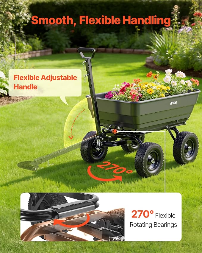 VEVOR 7 Cu.Ft 1200LBS Poly Garden Cart Dump Wagon, Heavy Duty Wheelbarrow with 2-in-1 Convertible Handle and 13" Flat Free Tires, Utility ATV Trailer Yard Dump Cart Tow Behind for Lawn Mower Tractor