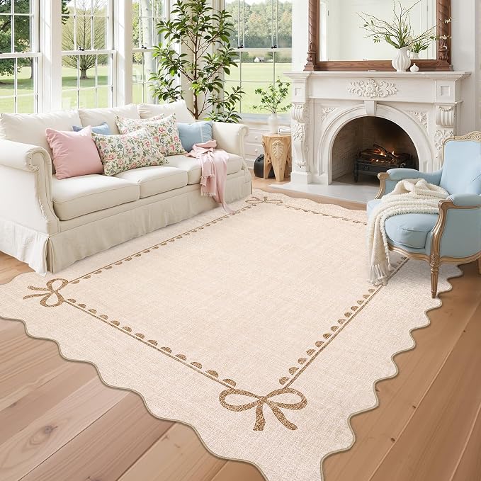 COZYLOOM Washable Kids Room Rug 9x12 Scalloped Rugs for Living Room, Beige | Rubber Backing Modern Bow Print Stain Resistant Non Shedding Low Pile Soft Bordered Area Rug for Dining Room Bedroom Nursery
