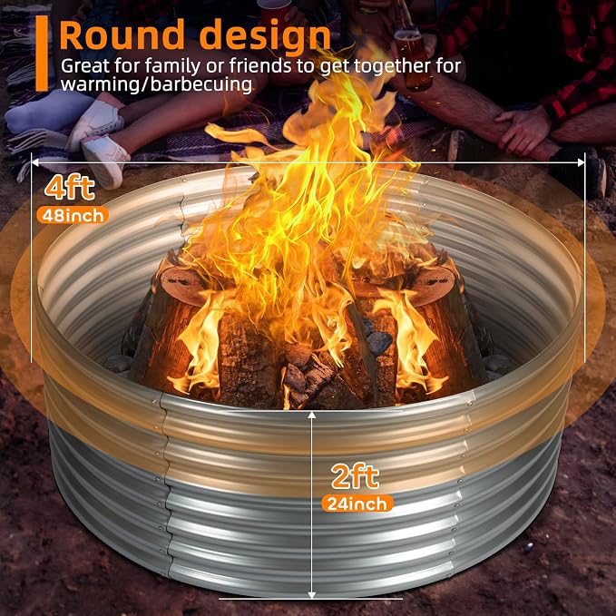 48 inch Fire Pit Ring, 4x4x2FT Galvanized Fire Ring, Wood Burning Fire Pits Ring, Outdoor Fireplace Height 2FT, Round Camp Fire Ring, Bonfire Pit for Camping, Backyard