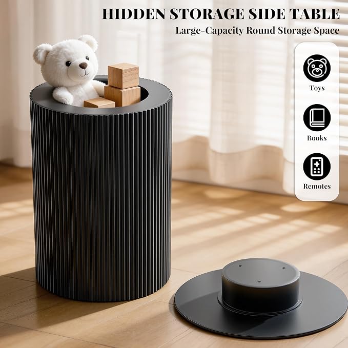 Fluted Side Table with Storage,24" Round Reversible Wood End Table | Mid Century Mdf Wood Bedside Nightstand,End Table for Small Spaces, Bedroom or Living Room