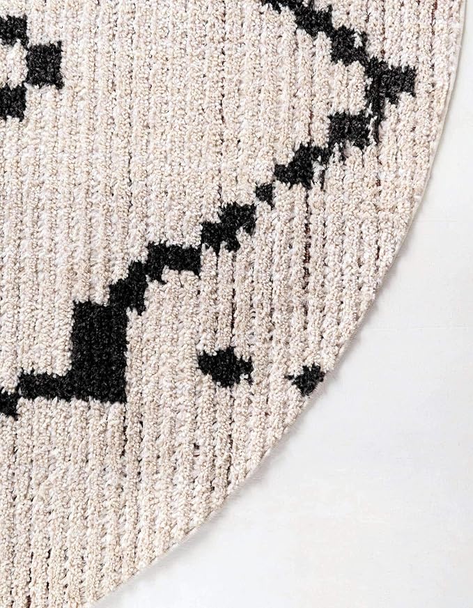 Unique Loom Morocco Collection Tribal, Southwestern, Bohemian Area Rug (7' 0 x 7' 0 Round, Ivory/Black)