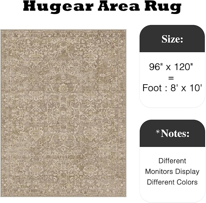 8x10 Light Brown Vintage Floral Washable Area Rug for Living Room | Low Pile, Non Slip, Retro Style, Soft Distressed Indoor Rug for Bedroom, Dining Room, Kitchen, Entrance, Home Decor