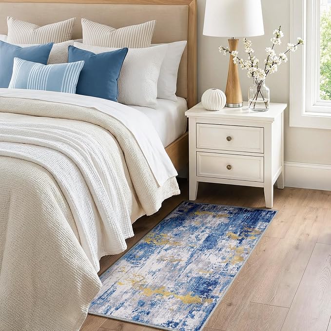 RELEANY Washable 2'x4' Abstract Area Rug for Living Room Blue Gold | Carpet for Bedroom, Kitchen, Office, Hallway and Entryway, Printed Pattern, Non‑Slip, Soft, Stain‑Resistant, Easy to Clean