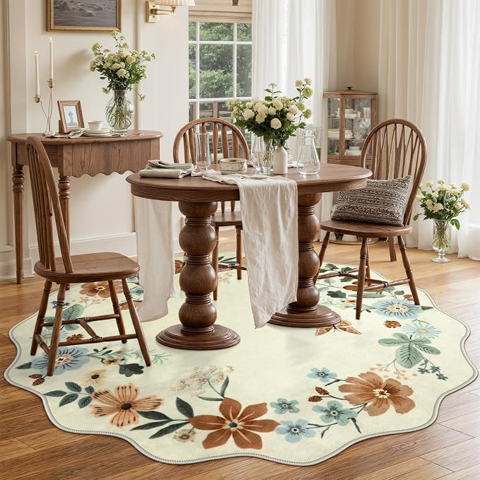 Lahome Floral Washable Round Area Rug, Round Rug 5ft Soft Non-Slip | Non-Shedding Boho Circle Carpet for Bedroom Living Room Bathroom Nursery Kitchen Flore, Beige