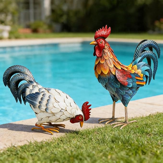 Shorayn Metal Rooster Statues, Outdoor Garden Metal Chicken Decor, Garden Sculptures Chicken Ornaments Yard Art for Backyard Patio Lawn Decorations, Set of 2