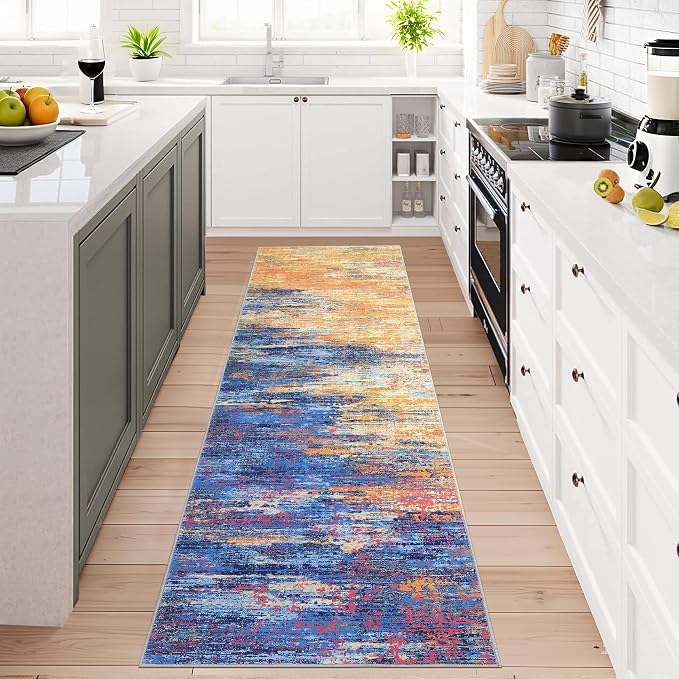 ROYHOME Washable Runner Rug 2x6 Modern Abstract Kitchen Rugs, Non Slip Bathroom Rug, Low Pile Laundry Room Soft Long Carpet for Hallway Bedroom Entryway, Blue/Orange