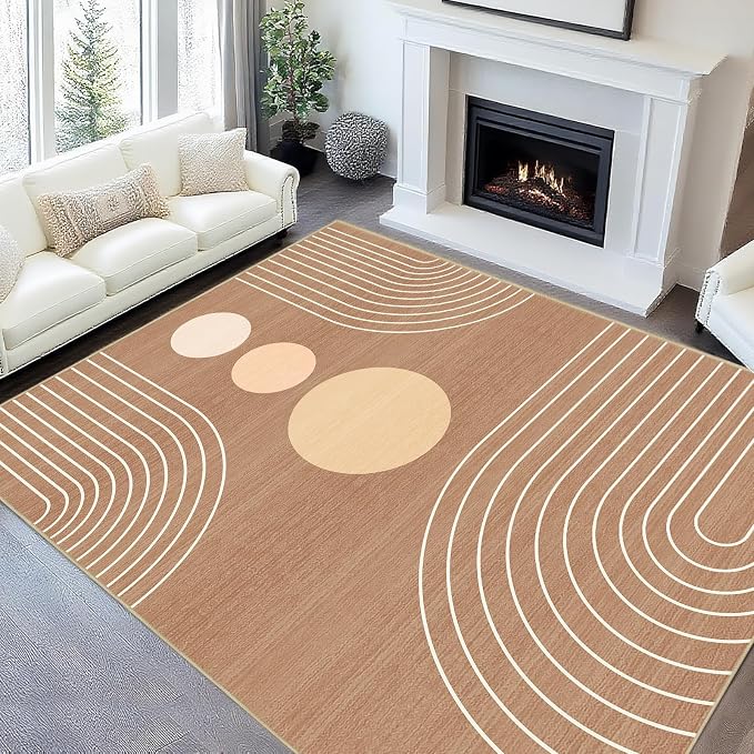 8x10 Area Rug for Living Room Boho Modern Minimalist Geometric Abstract Large Rug Brown Mid Century Modern Machine Washable Non-Slip Printed Low-Pile Indoor Floor Carpet Dining Room Bedroom Brown