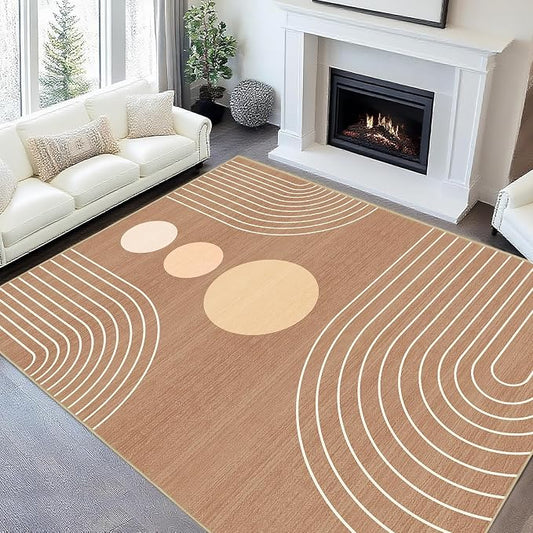 8x10 Area Rug for Living Room Boho Modern Minimalist Geometric Abstract Large Rug Brown Mid Century Modern Machine Washable Non-Slip Printed Low-Pile Indoor Floor Carpet Dining Room Bedroom Brown