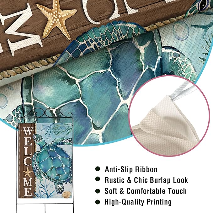 Artofy Welcome Summer Beach Sea Turtle Large Decorative House Flag, Coastal Ocean Farmhouse Yard Garden Outside Decor, Spring Nautical Starfish Coral Burlap Outdoor Home Decoration Double Sided 28x40