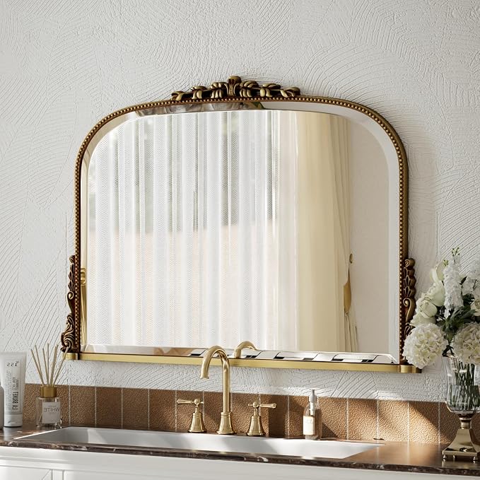 Wall Beaded Mirror, 36 x 27 Inch Round Top Right Angle Wall Mirror, Tempered Glass, Rust Resistant, Horizontally or Vertically Hanging, Gold | Bathroom Vanity Makeup Mirror, as Wall Decor Hanging Leaning for Fireplace Mantle, Living Room, Bedroom, Vani...