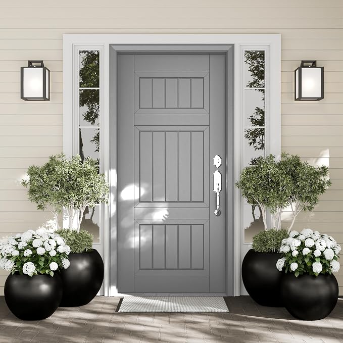 DTY Fiberstone Large Round Planter for Indoor Outdoor Use — Ball Globe Pot for Olive Tree, Monstera & Large Plants, Lightweight, UV Resistant, Drainage Hole, Coco Mat Included, Black, Medium 16.1'' D