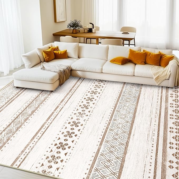 9x12 Area Rugs for Living Room Washable Moroccan Farmhouse Neutral Geometric Low Pile Non-Slip Soft Print Pattern Rug for Bedroom Kitchen Dining Room Entryway Cream/Brown/Pink | Vacuum Friendly, Machine Washable, Non-Slip Rug, Stain Resistant, Moroccan...