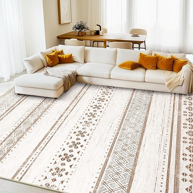 8x10 Area Rugs for Living Room Washable Moroccan Farmhouse Neutral Geometric Low Pile Non-Slip Soft Print Pattern Rug for Bedroom Kitchen Dining Room Entryway Cream/Brown/Pink | Vacuum Friendly, Machine Washable, Non-Slip Rug, Stain Resistant, Moroccan...