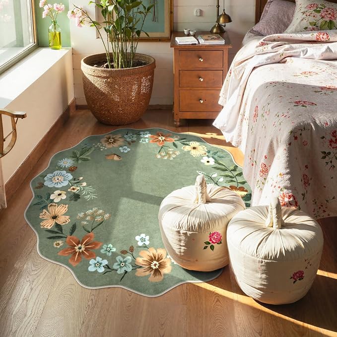 Lahome Floral Round Area Rugs, Washable Small Round Rug 3ft Non-Slip, Soft Boho Ultra-Thin Circle Carpet for Bedroom Entryway Kitchen Laundry Bathroom, Green