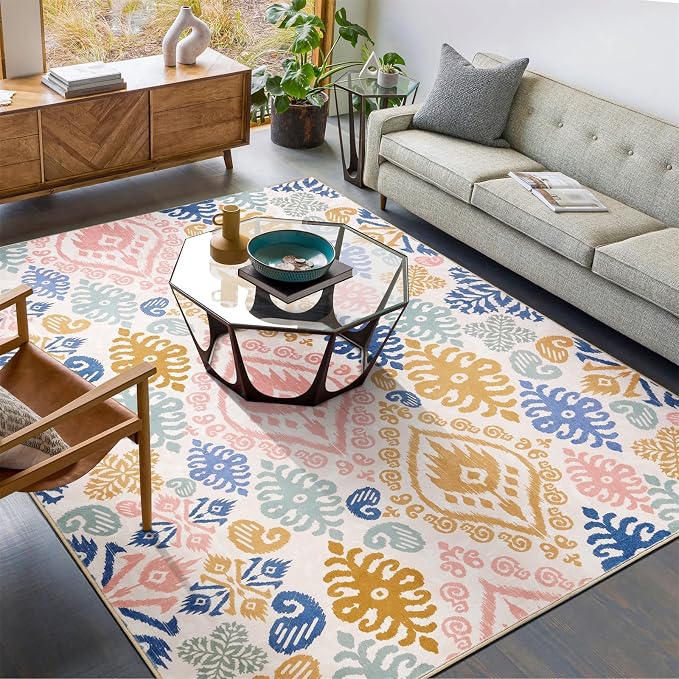 Washable Oriental Floral Rug, Ultra Thin Boho Paisley Indian Tribal 4x6 Area Rug for Dining Room Bedroom Entryway Kitchen, Stain Resistant Vintage Aztec Hippie Living Room Accent Carpet