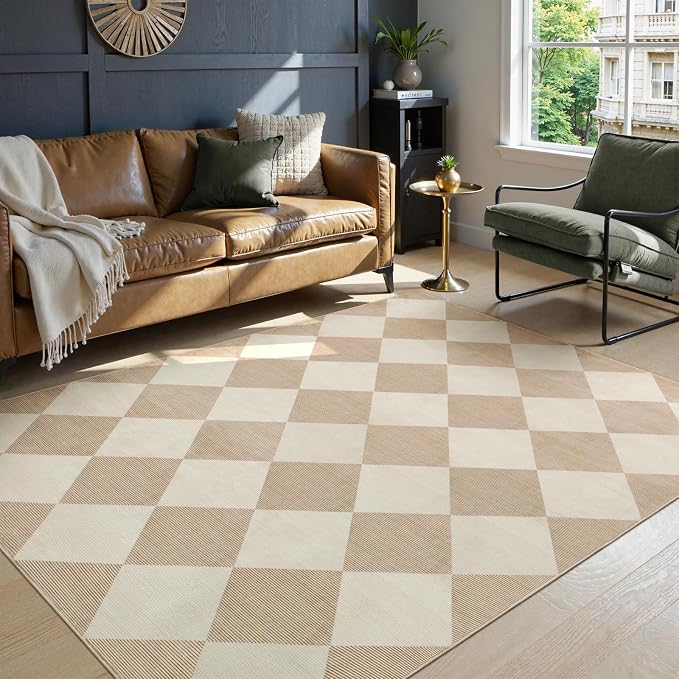Beeiva Checkered Print 5x7 Washable Area Rugs for Bedroom, Non Slip Ultra Thin Beige Rugs for Living Room, Geometric Plaid Dorm Decor Soft Low Pile Carpet for Office Kids Room Classroom