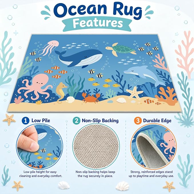 4x6 Ocean Area Rug for Kids Play Room Beach Whale Fish Rug Machine Washable Non-Slip Carpet for Nursery Living Room Bedroom Entryway Bedside