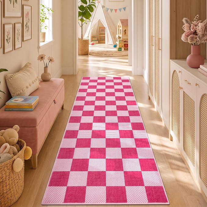 GarveeHome Checkered Hot Pink 2x6 Washable Low-Pile Kitchen Runner Rug | Small Hot Pink Soft Stain Resistant Hallway Entryway Bedroom Bathroom Non-Slip Geometric Modern Rug TPE Backing