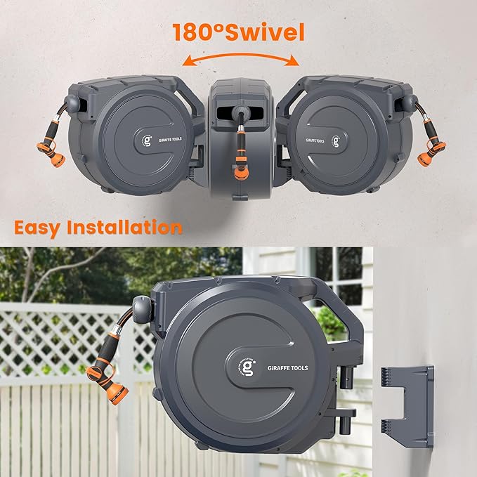 Giraffe Tools Retractable Garden Hose Reel, 5/8" x 62 ft Wall Mounted Hose Reels with 180° Swivel Bracket, Any Length Lock Hose Reel with 9- Function Sprayer Nozzle