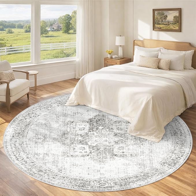 Round Rugs 6ft Washable Rug, Vintage Boho Medallion Rugs Non-Slip Soft Low Pile Circle Distressed Rug Indoor Retro Carpet for Living Room Bedroom Dining Room Home Office (Grey, 6' Round)