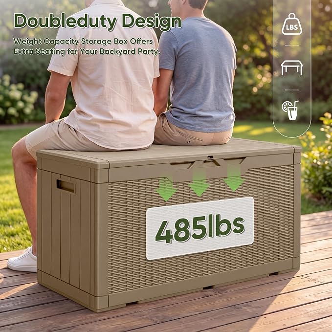 Flamaker Outdoor Storage Box 100 Gallon Waterproof Resin Deck Box Delivery Box with Air Rod Indoor Outdoor Lockable Storage Bench for Patio Cushions, Tools, Pool Accessories (Brown)